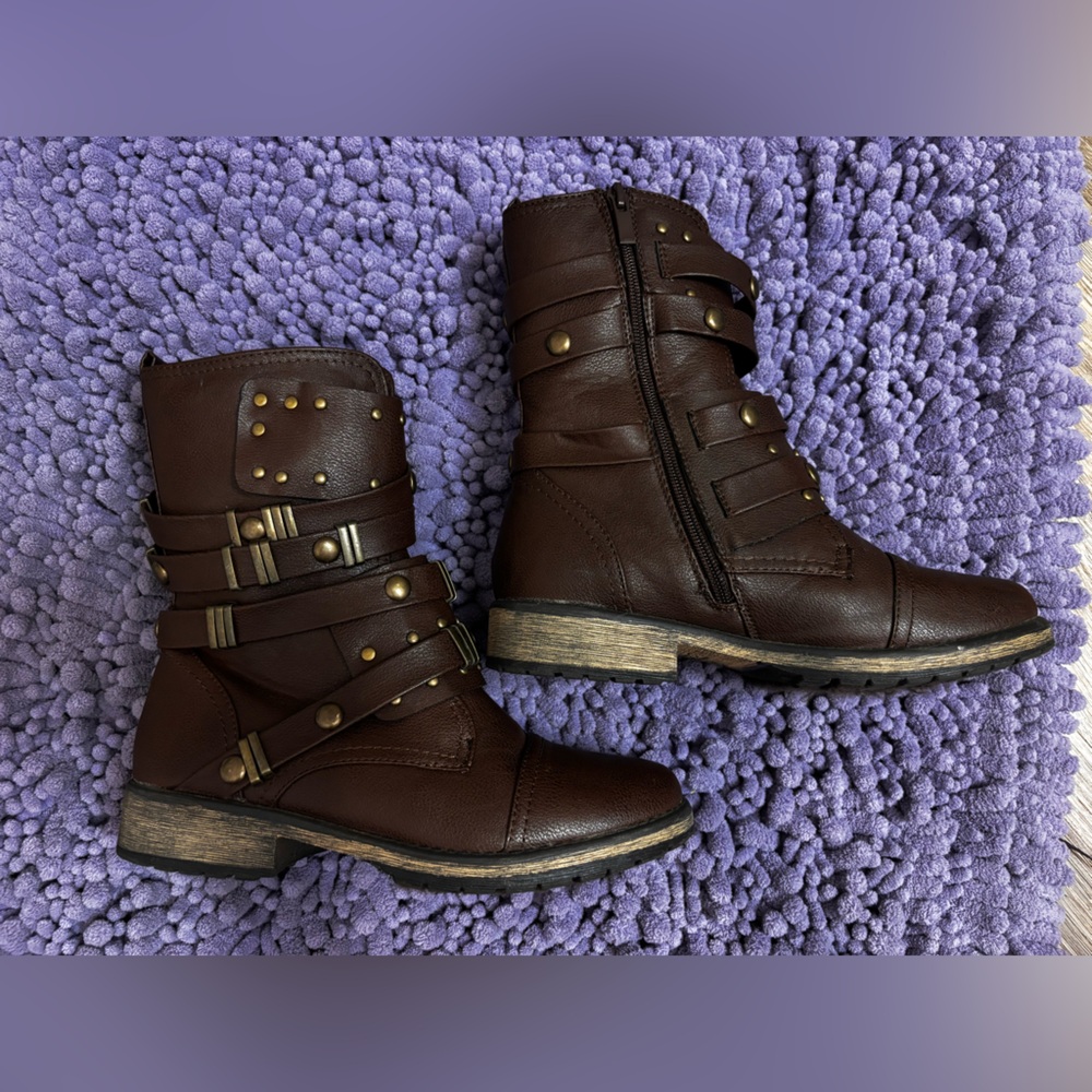 Forever Brown Strappy Moto Boots EUC Size 7
